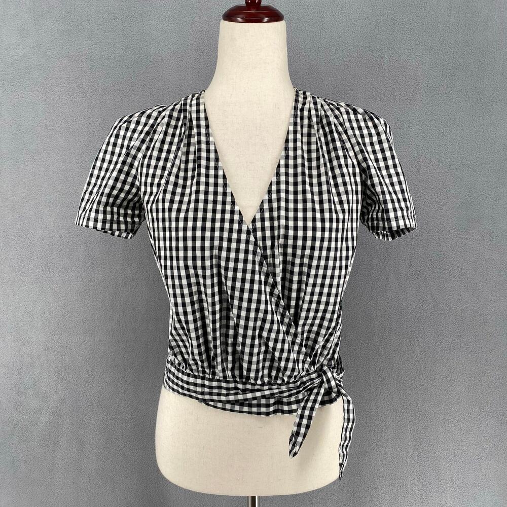 Madewell Gingham Checkered Wrap Top Womens XXS Black White Side Tie Short Sleeve